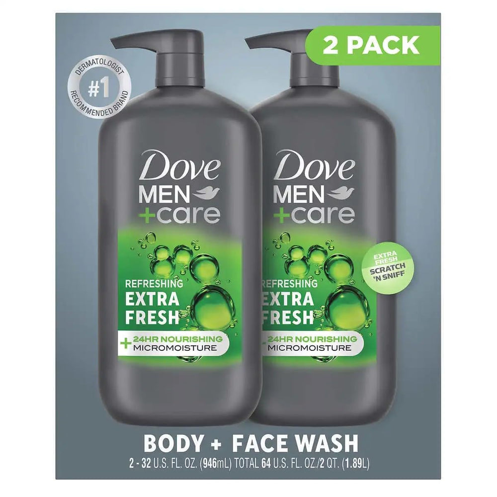 Dove Men+Care Extra Fresh 2-pack bottles for daily body and face cleansing