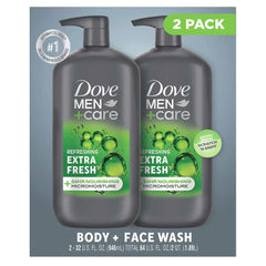 Dove Men+Care Extra Fresh 2-pack bottles for daily body and face cleansing