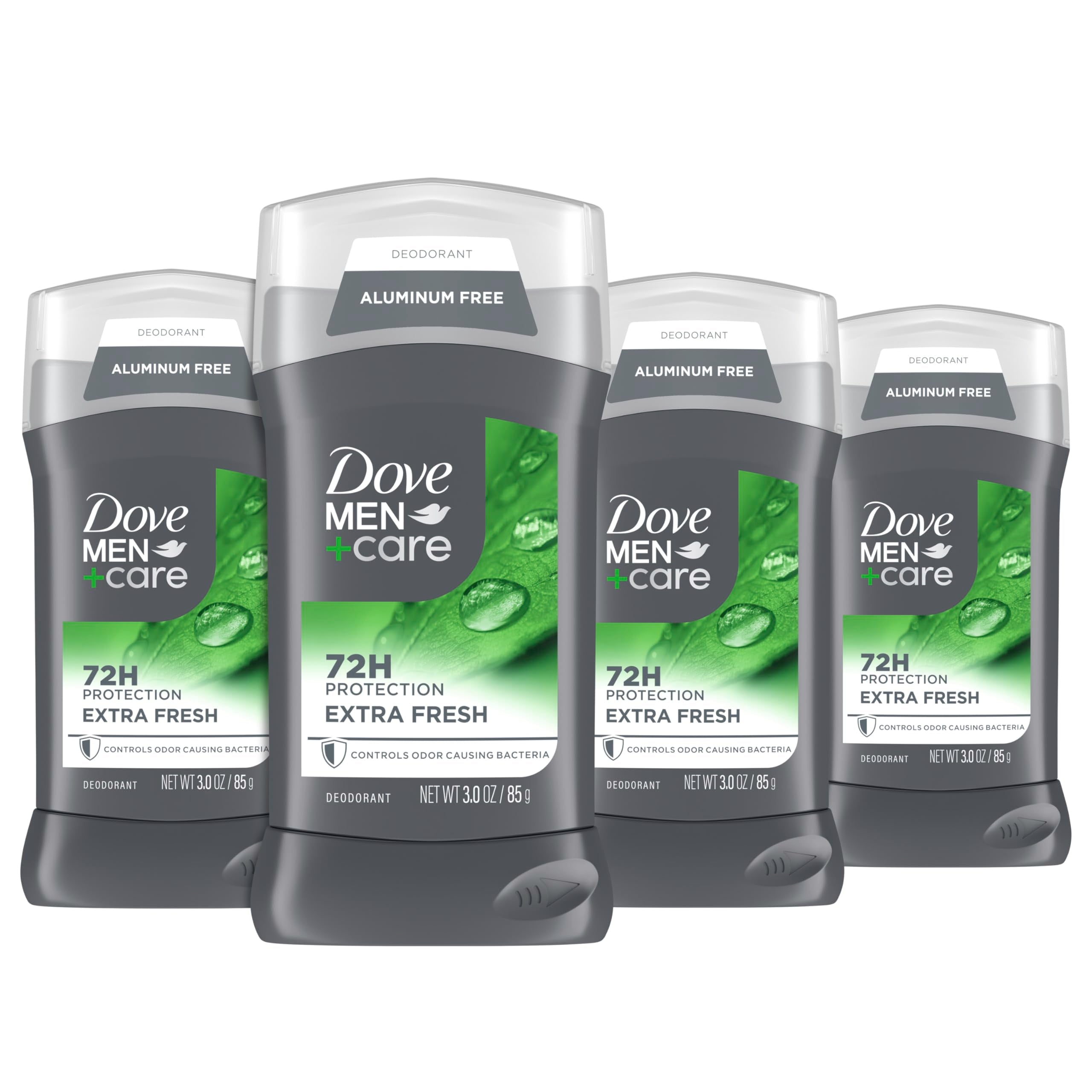 Dove Men+Care Extra Fresh deodorant stick front view emphasizes odor protection and skin-friendly formula.