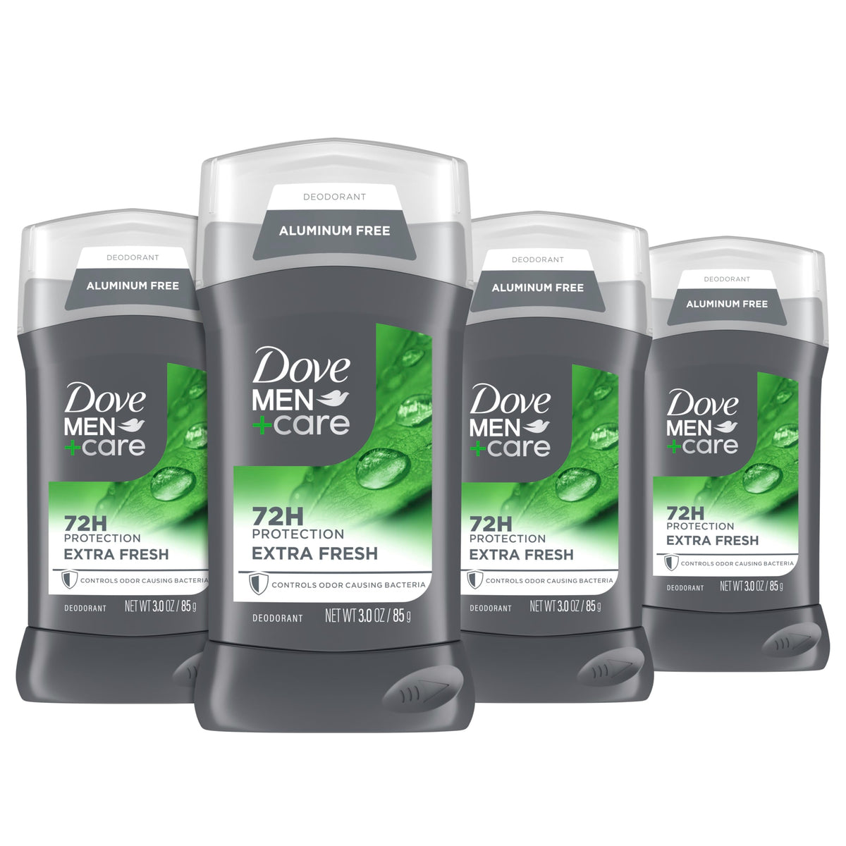 Dove Men+Care Extra Fresh deodorant stick front view emphasizes odor protection and skin-friendly formula.