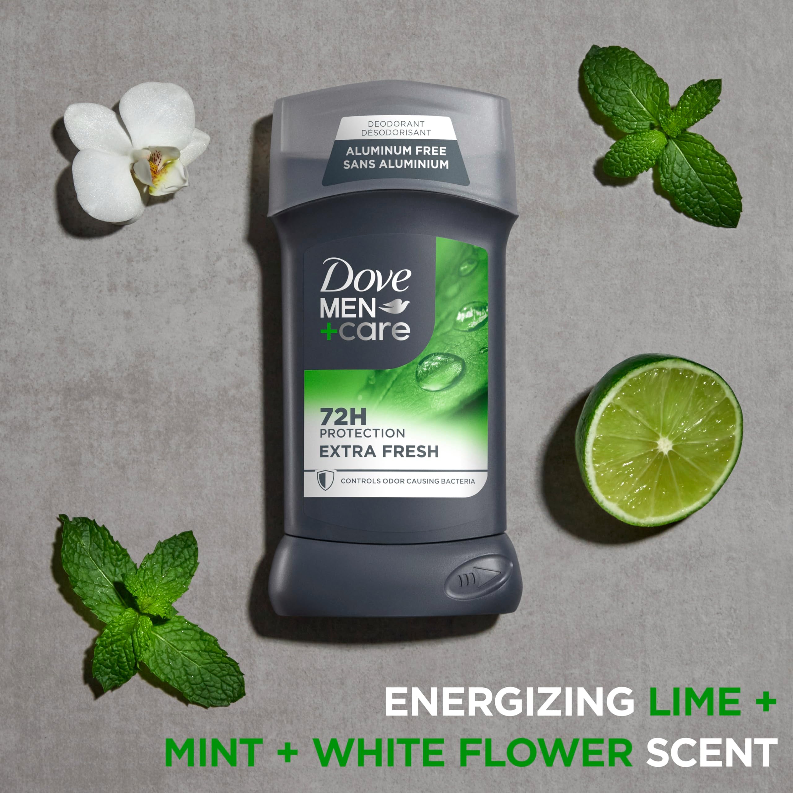 Dove Men+Care Extra Fresh ingredients label highlights 1/4 moisturizing cream benefit.