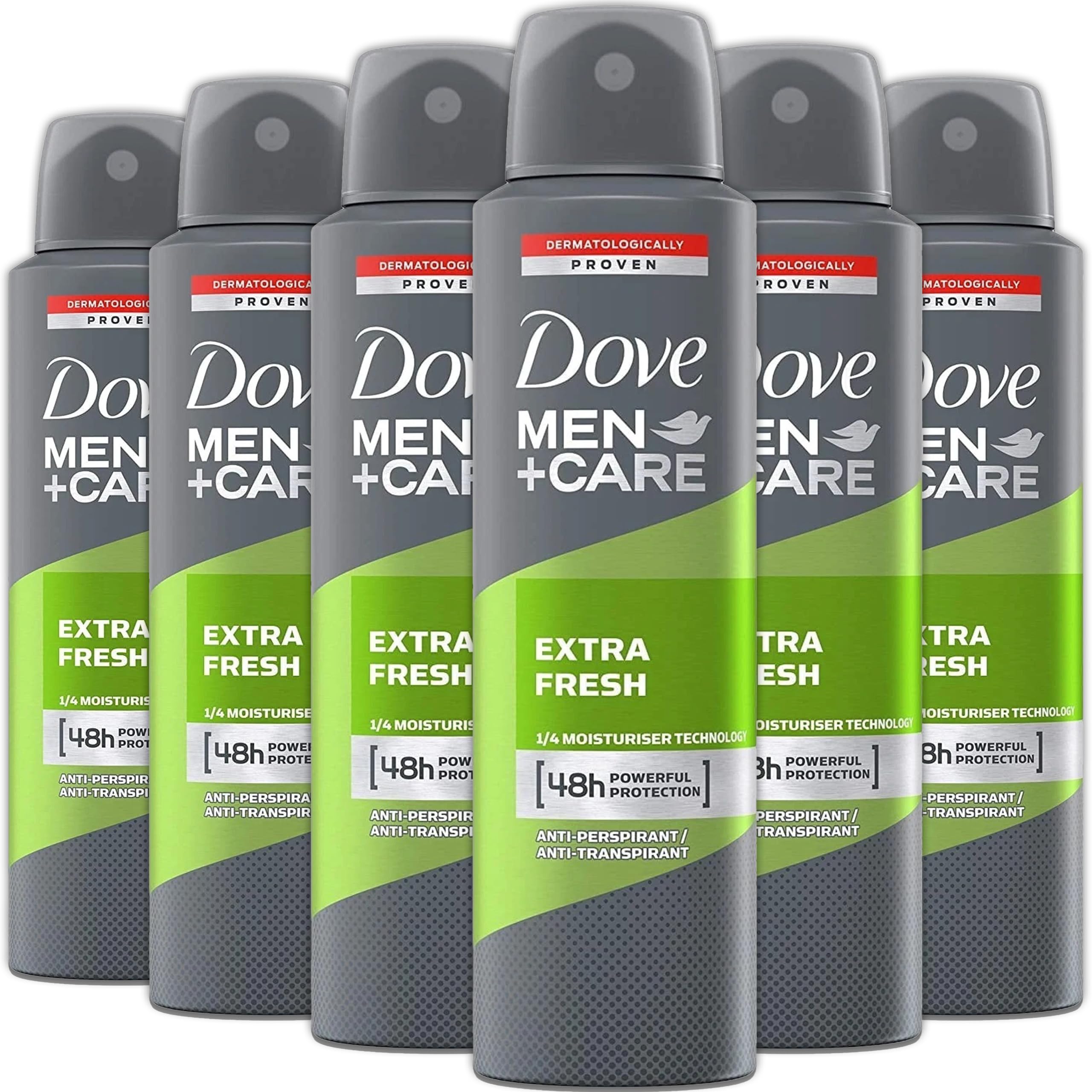 Dove Men+Care Extra Fresh spray bottle delivers lasting daily protection.