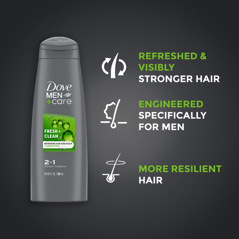Dove Men+Care fresh & clean 2-in-1 shampoo and conditioner energizes hair.