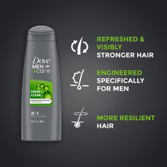 Dove Men+Care fresh & clean 2-in-1 shampoo and conditioner energizes hair.