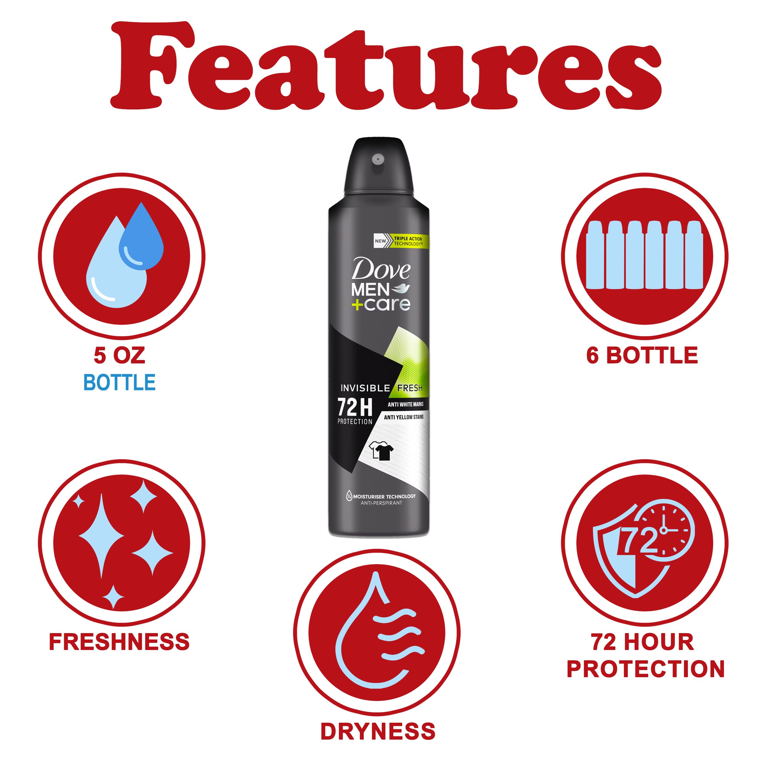 Dove Men+Care Invisible Fresh deodorant spray being applied for quick-dry protection.