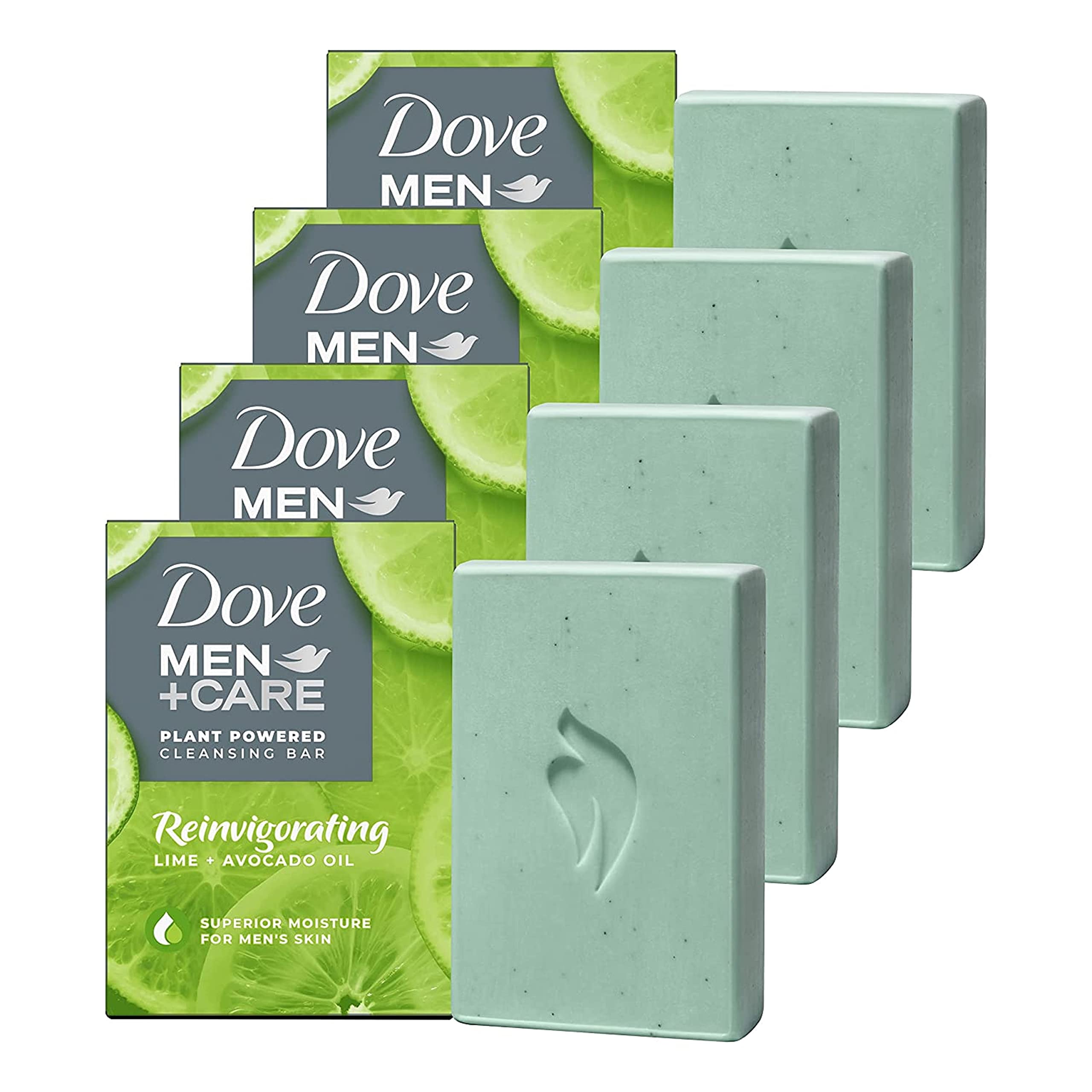 Dove Men+Care lime avocado bar soap packaging highlights a 4-in-1 cleansing solution for skin and shave