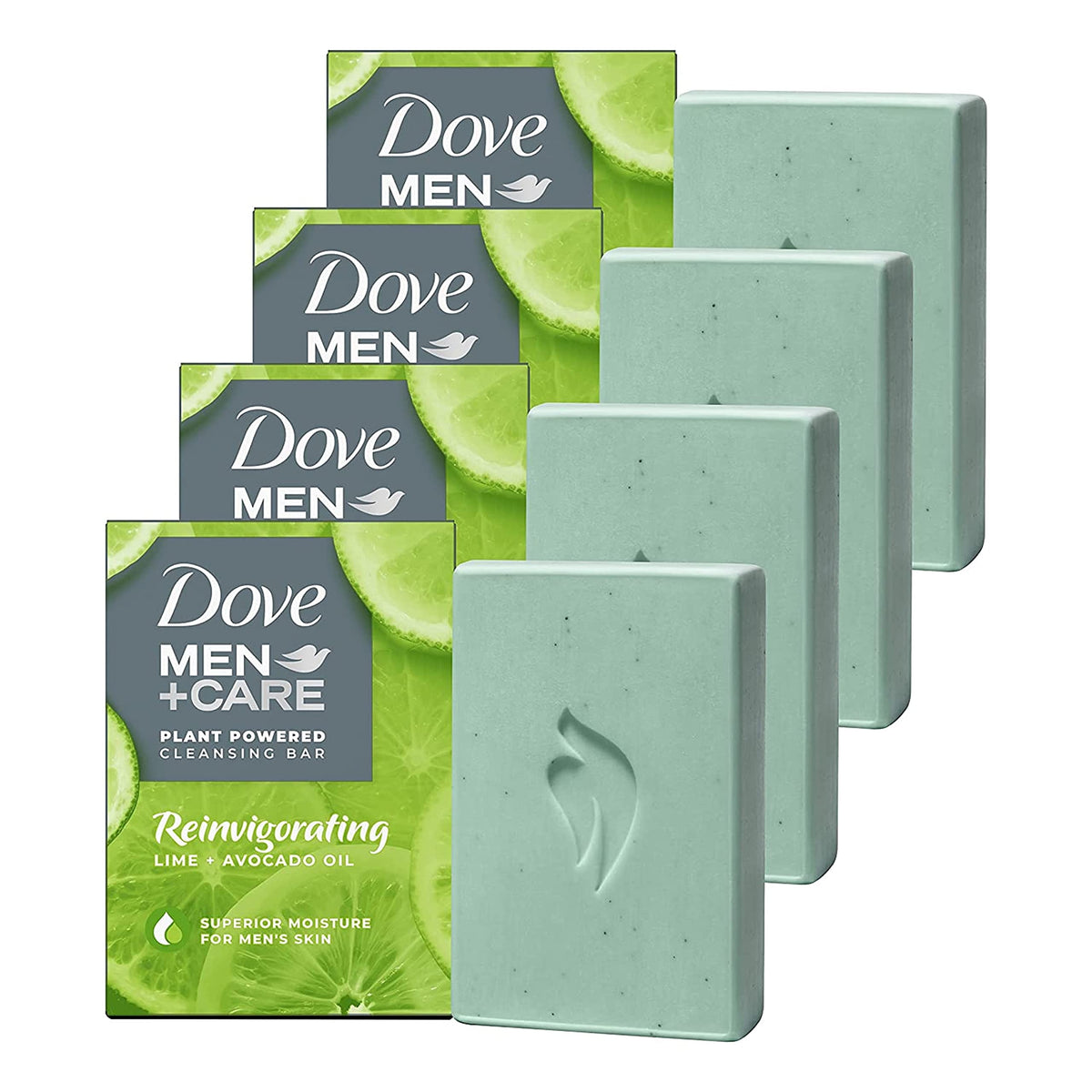 Dove Men+Care lime avocado bar soap packaging highlights a 4-in-1 cleansing solution for skin and shave