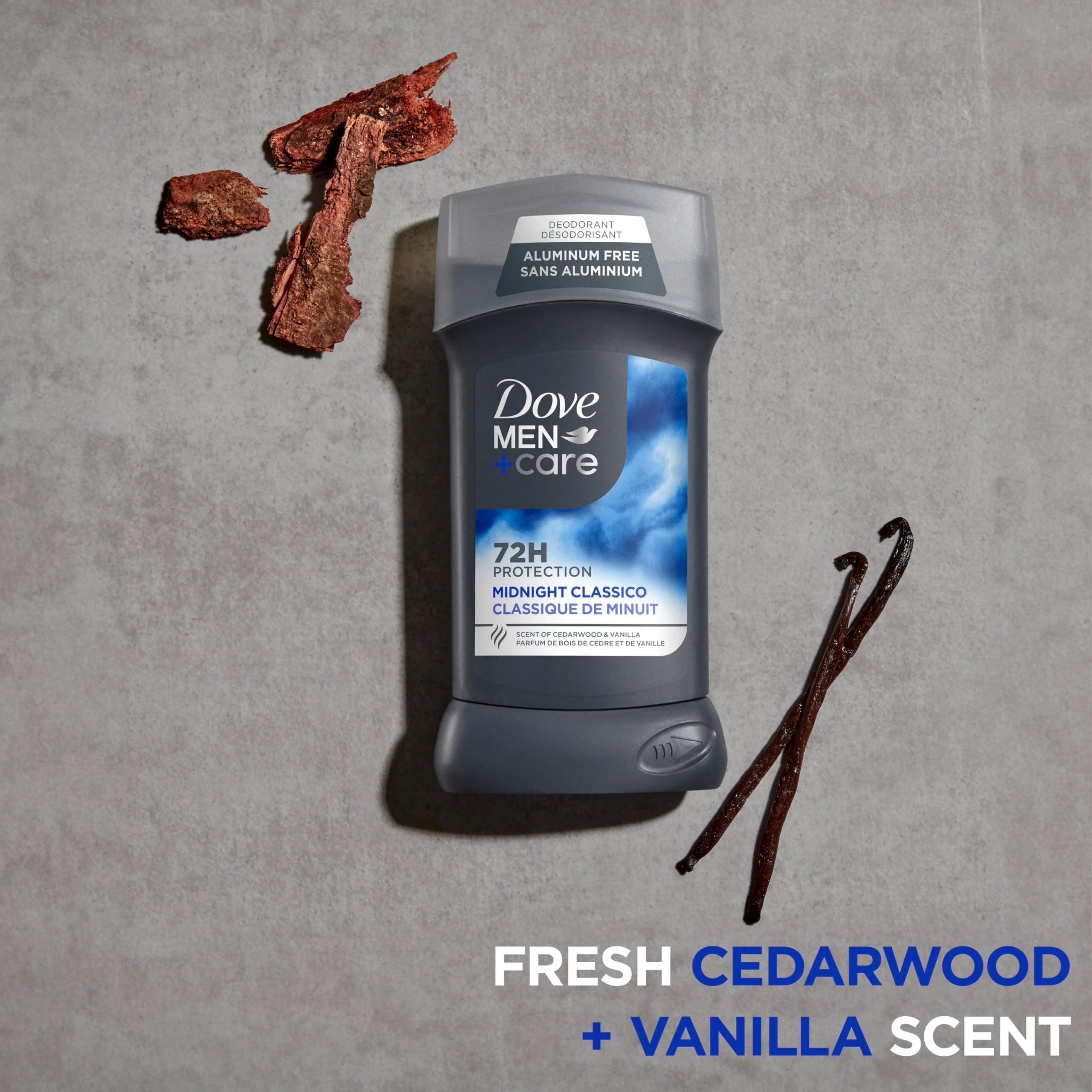Recyclable packaging of Dove Men+Care Midnight Classico deodorant stick for eco-conscious users.