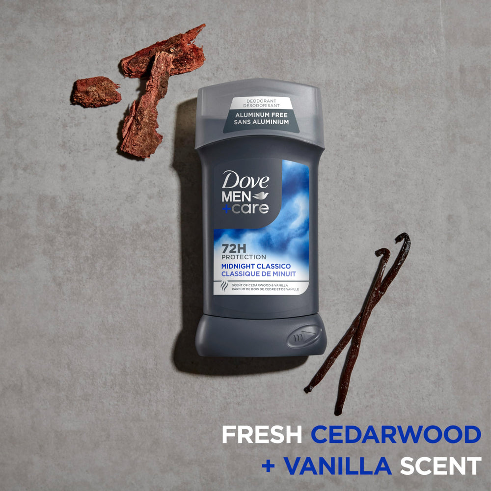 Recyclable packaging of Dove Men+Care Midnight Classico deodorant stick for eco-conscious users.
