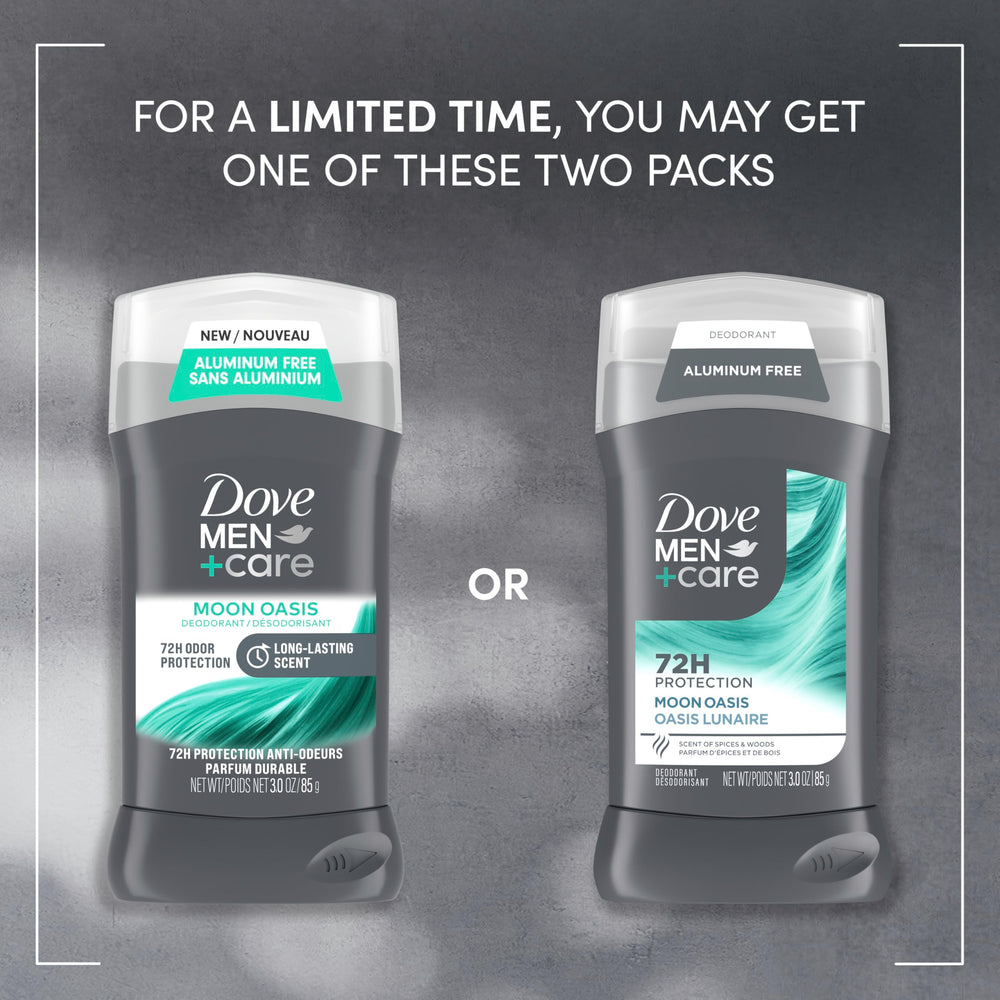Dove Men+Care Moon Oasis packaging close-up showing aluminum-free formula