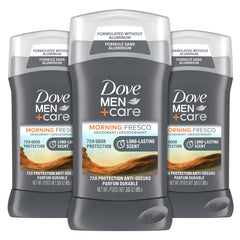 Dove Men+Care Morning Fresco deodorant stick showing aluminum-free formula for odor protection