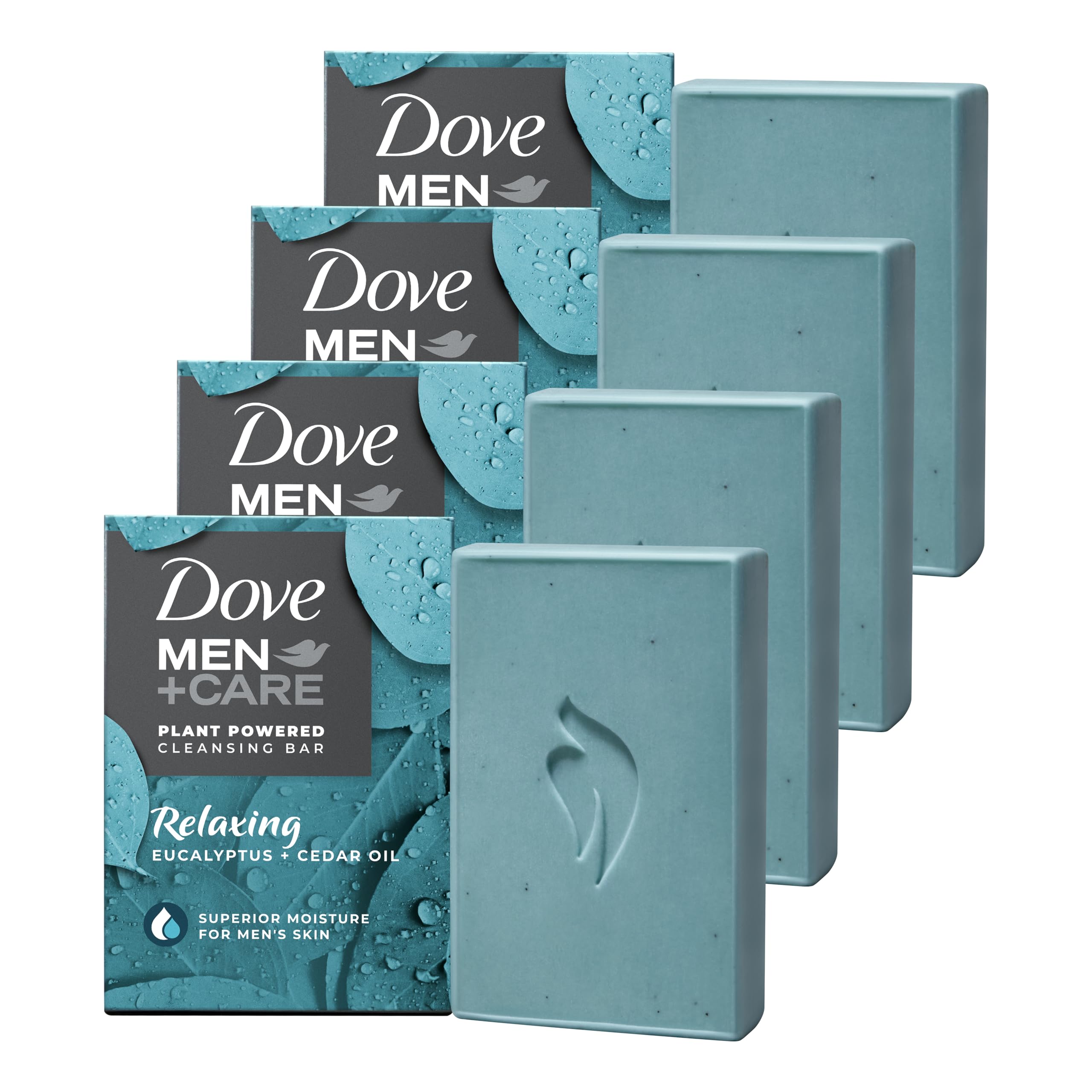 Dove Men+Care plant-based eucalyptus bar in full view for refreshing skin