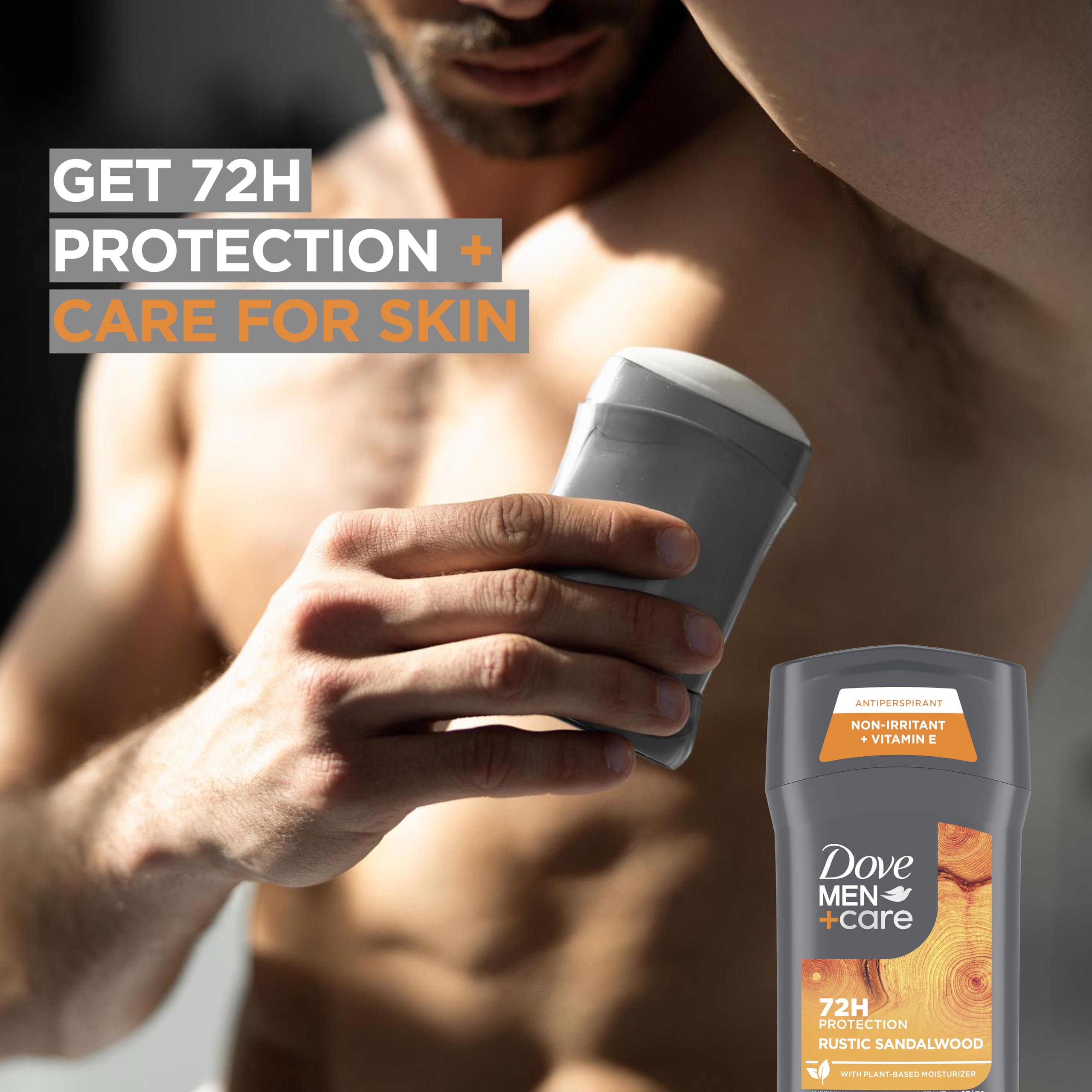 Dove Men+Care Rustic Sandalwood packaging box shows convenient multi-pack for on-the-go protection.