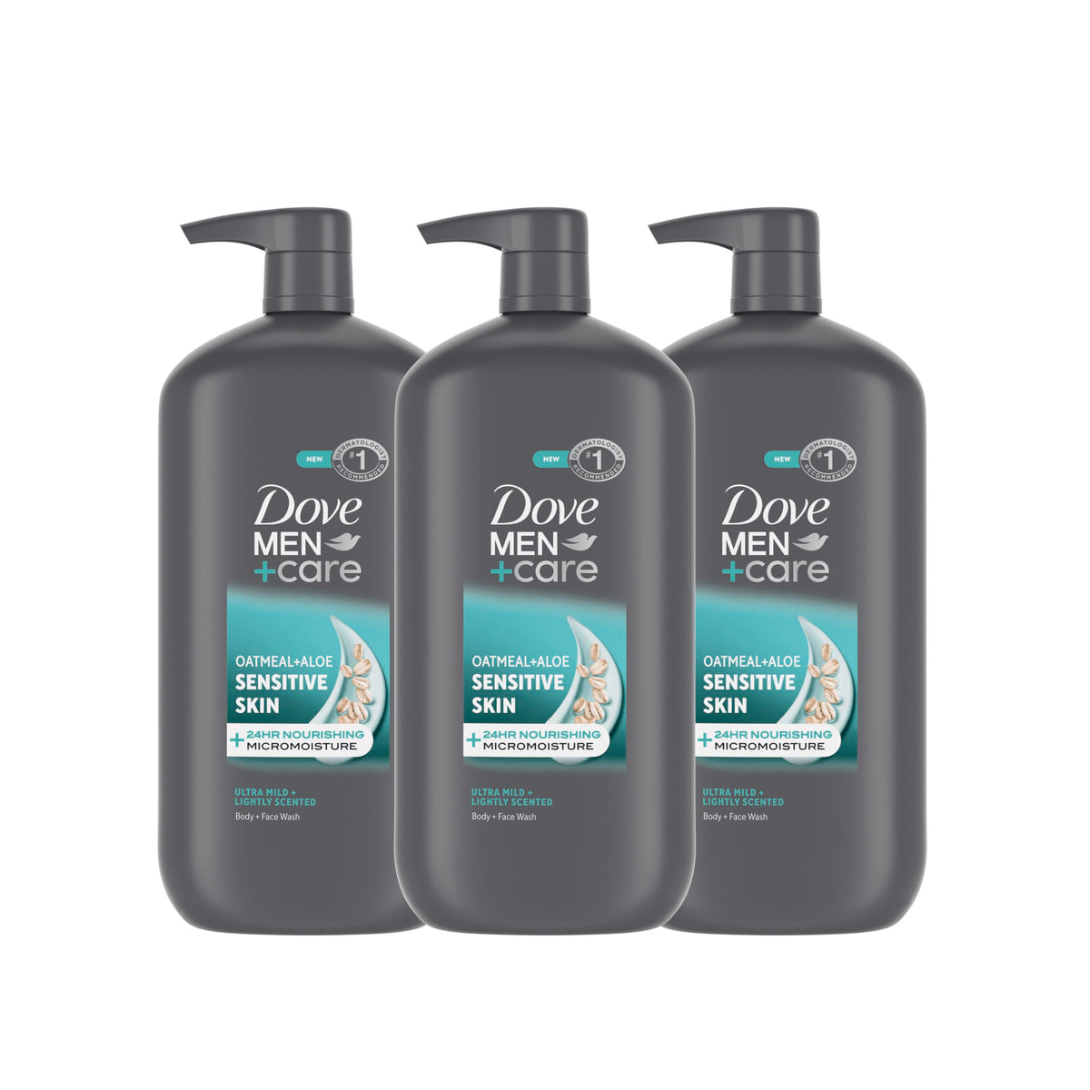 DOVE MEN + CARE Sensitive Skin body wash bottle pour for gentle cleansing.