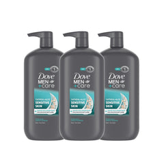 DOVE MEN + CARE Sensitive Skin body wash bottle pour for gentle cleansing.