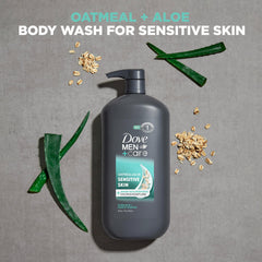 DOVE MEN + CARE Sensitive Skin packaging highlights dermatologist-tested formula.