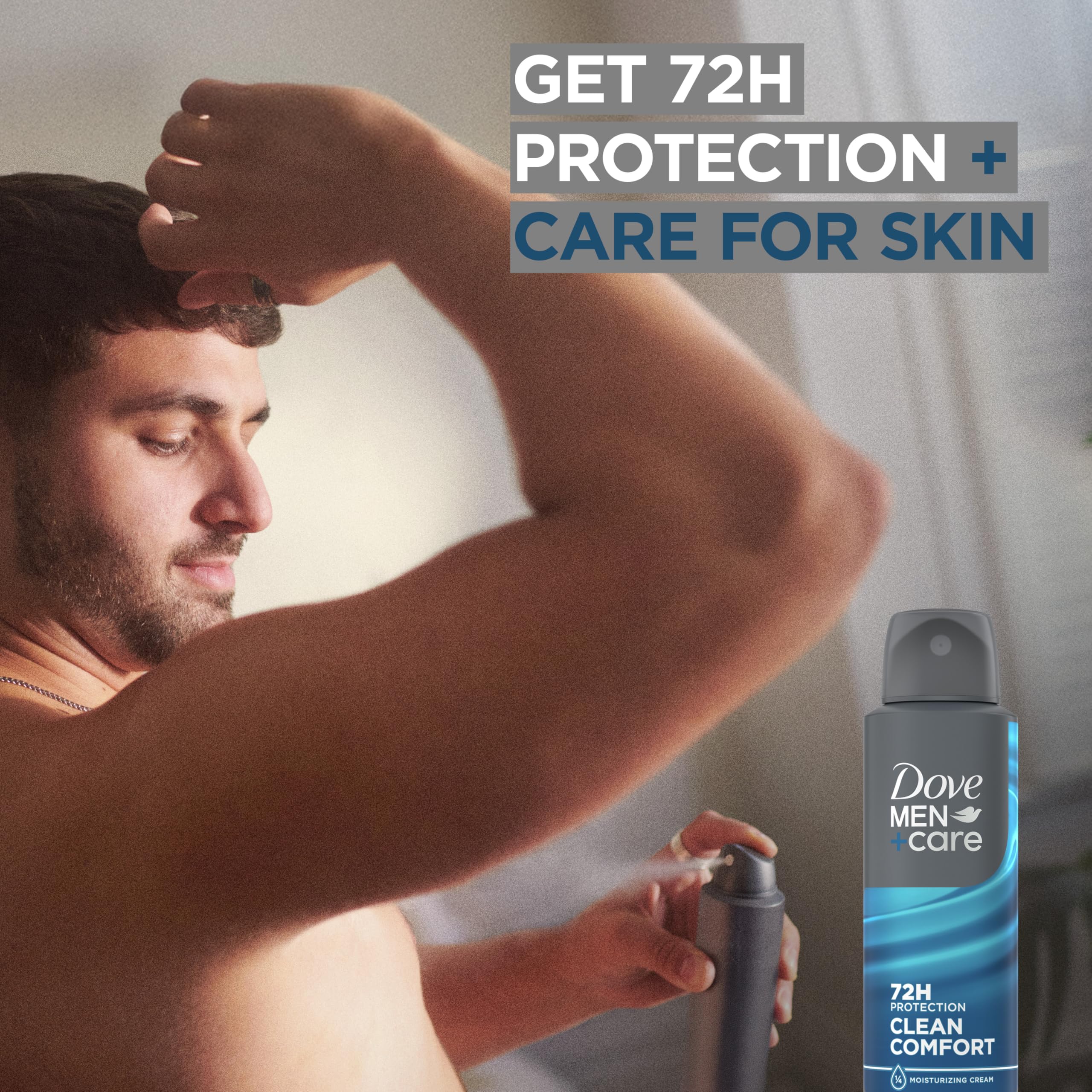 Dove Men+Care Six inches spray-distance guidance for even coverage.