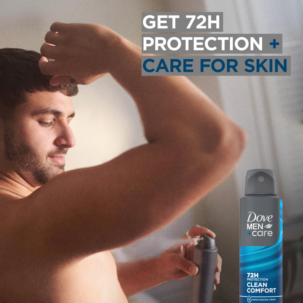 Dove Men+Care Six inches spray-distance guidance for even coverage.