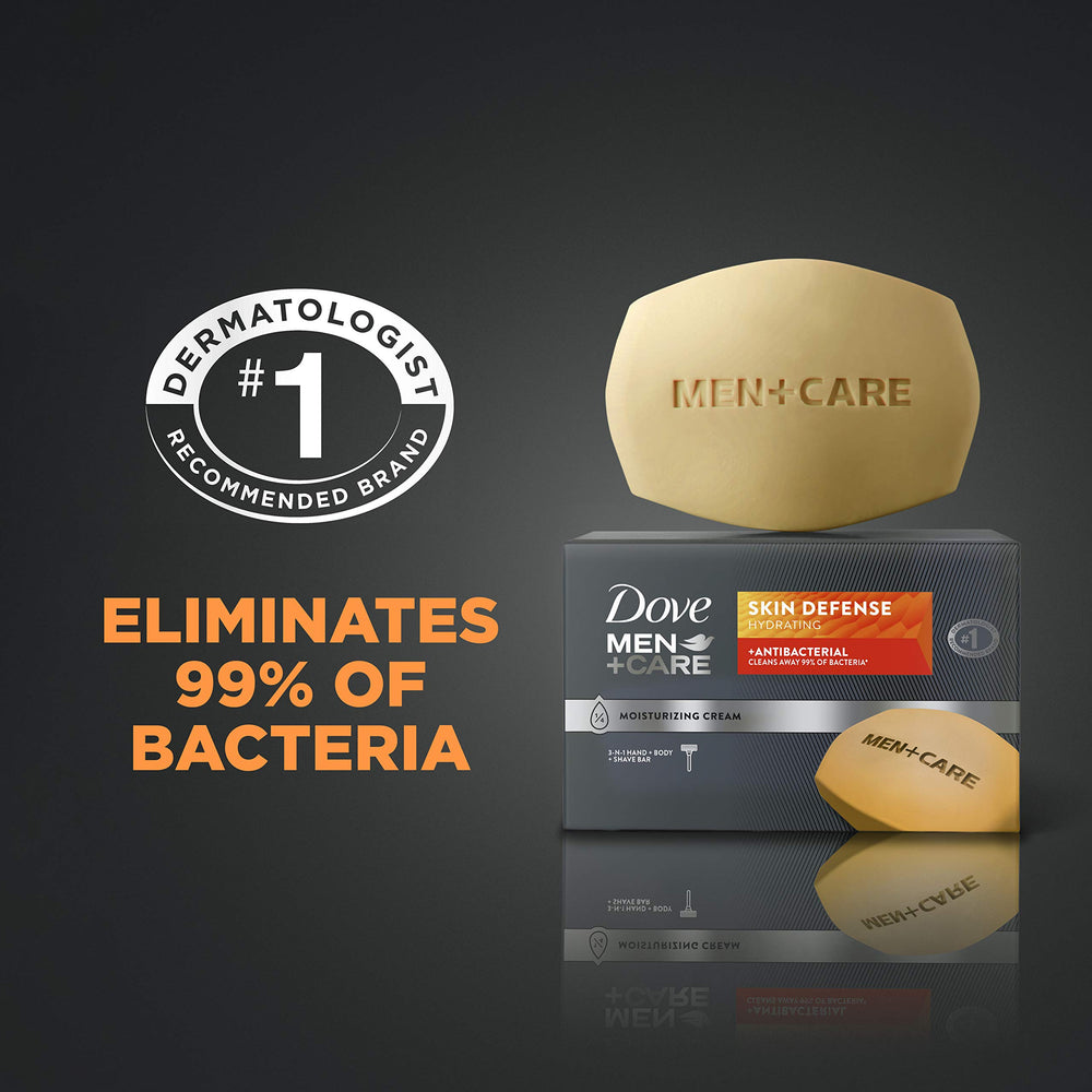 Dove Men+Care Skin Defense Bar 3in1 usage illustrating hand body and shave benefits