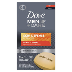Dove Men+Care Skin Defense Bar packaging showcasing the 3-in-1 formula for daily use