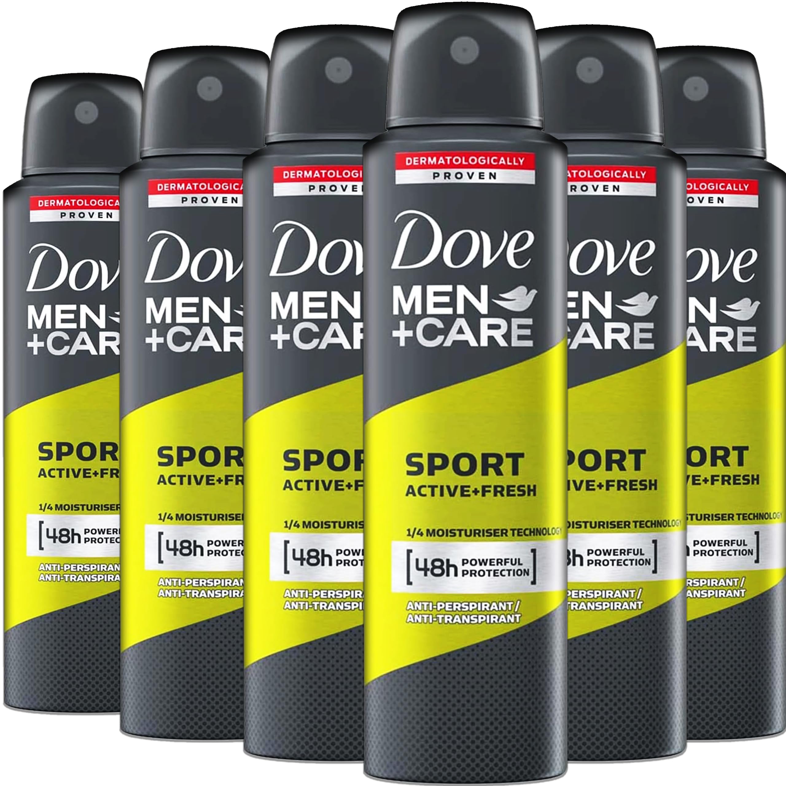 Dove Men+Care Sport Active+Fresh spray can close-up in a six-pack for long-lasting protection.