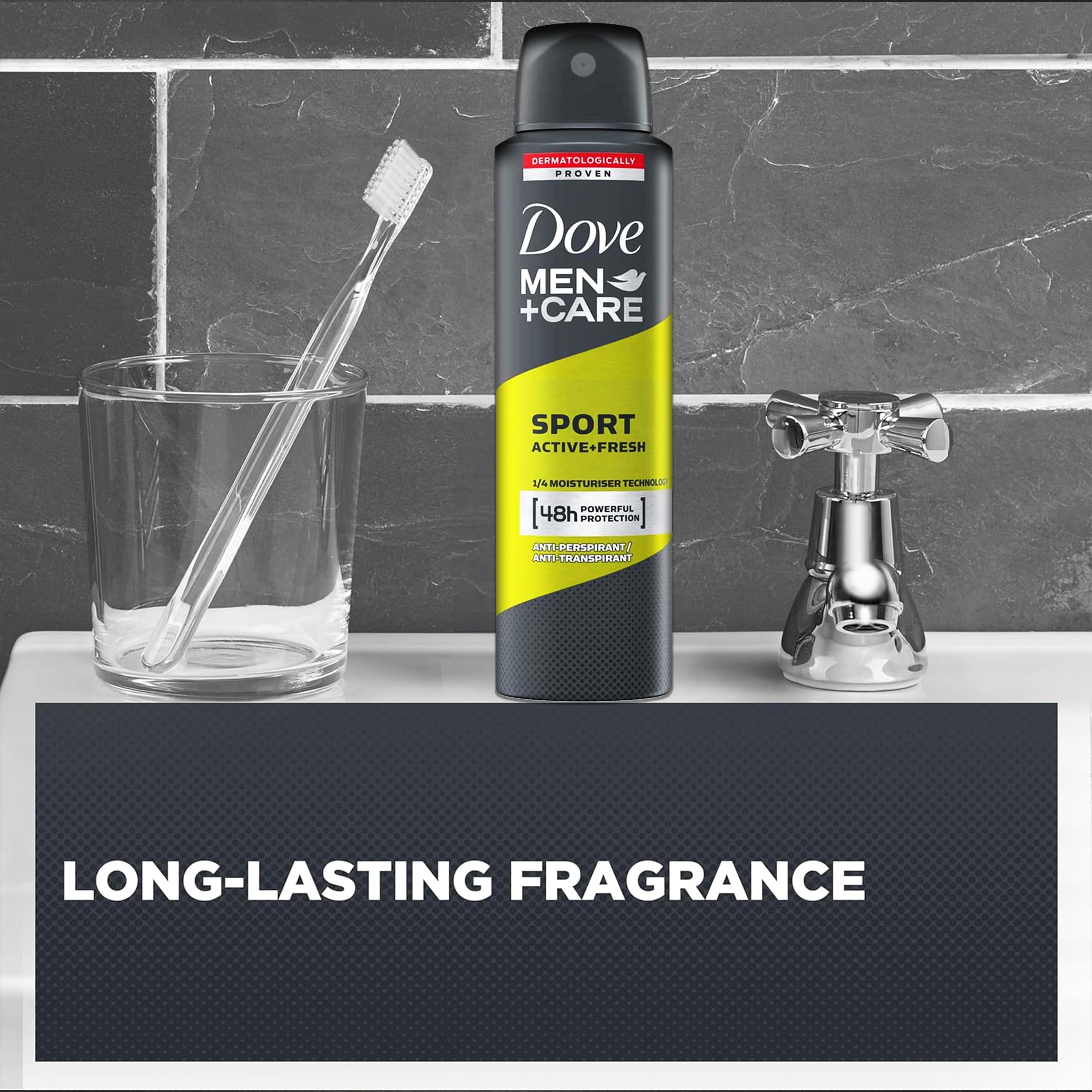 Dove Men+Care Sport Active+Fresh deodorant spray applied underarm for protection.