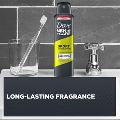 Dove Men+Care Sport Active+Fresh deodorant spray applied underarm for protection.