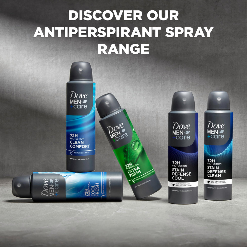 Dove Men+Care spray distance at 6 inches from underarm shown for even coverage.