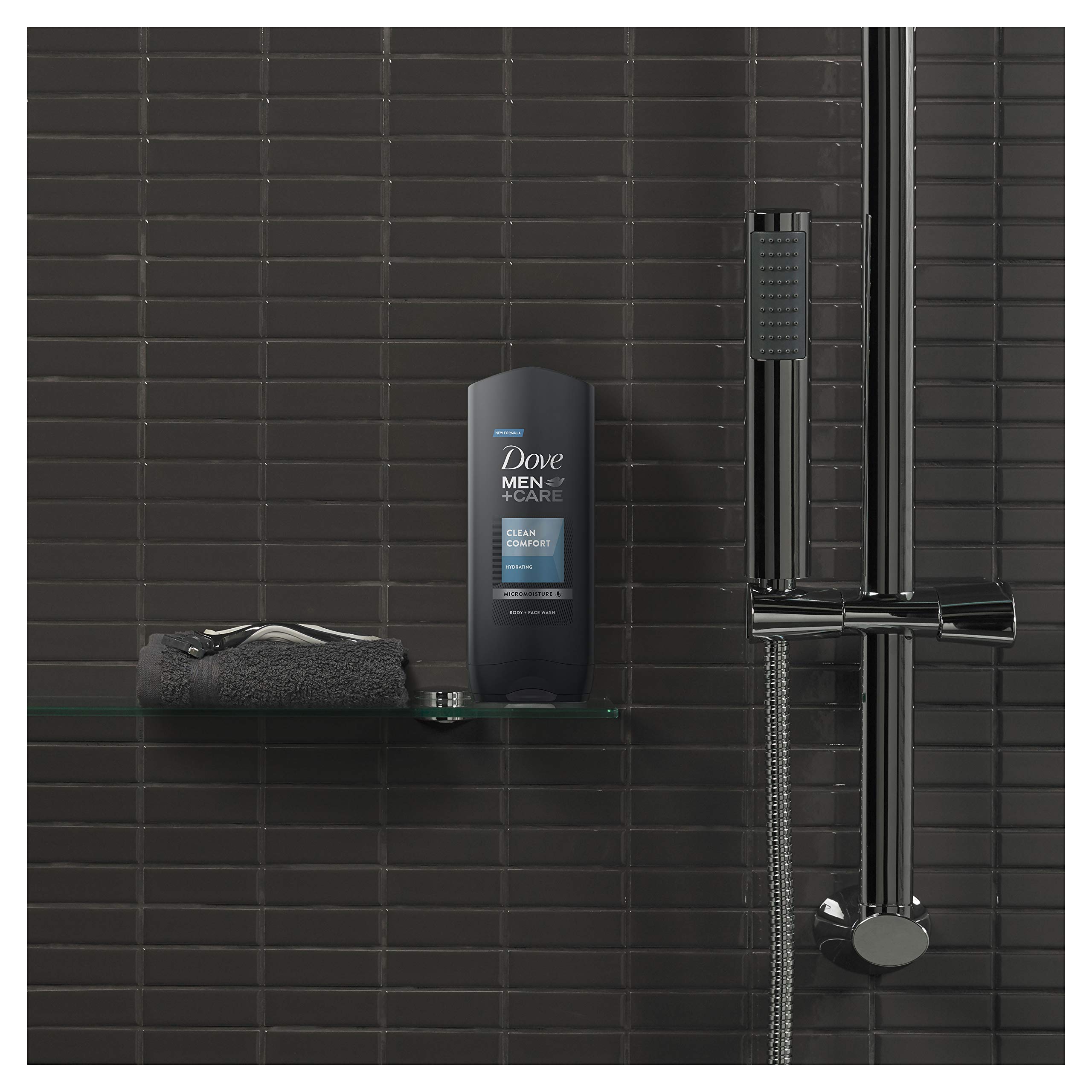 Dove Men Clean Comfort gel splash under running water demonstrating cleansing action.