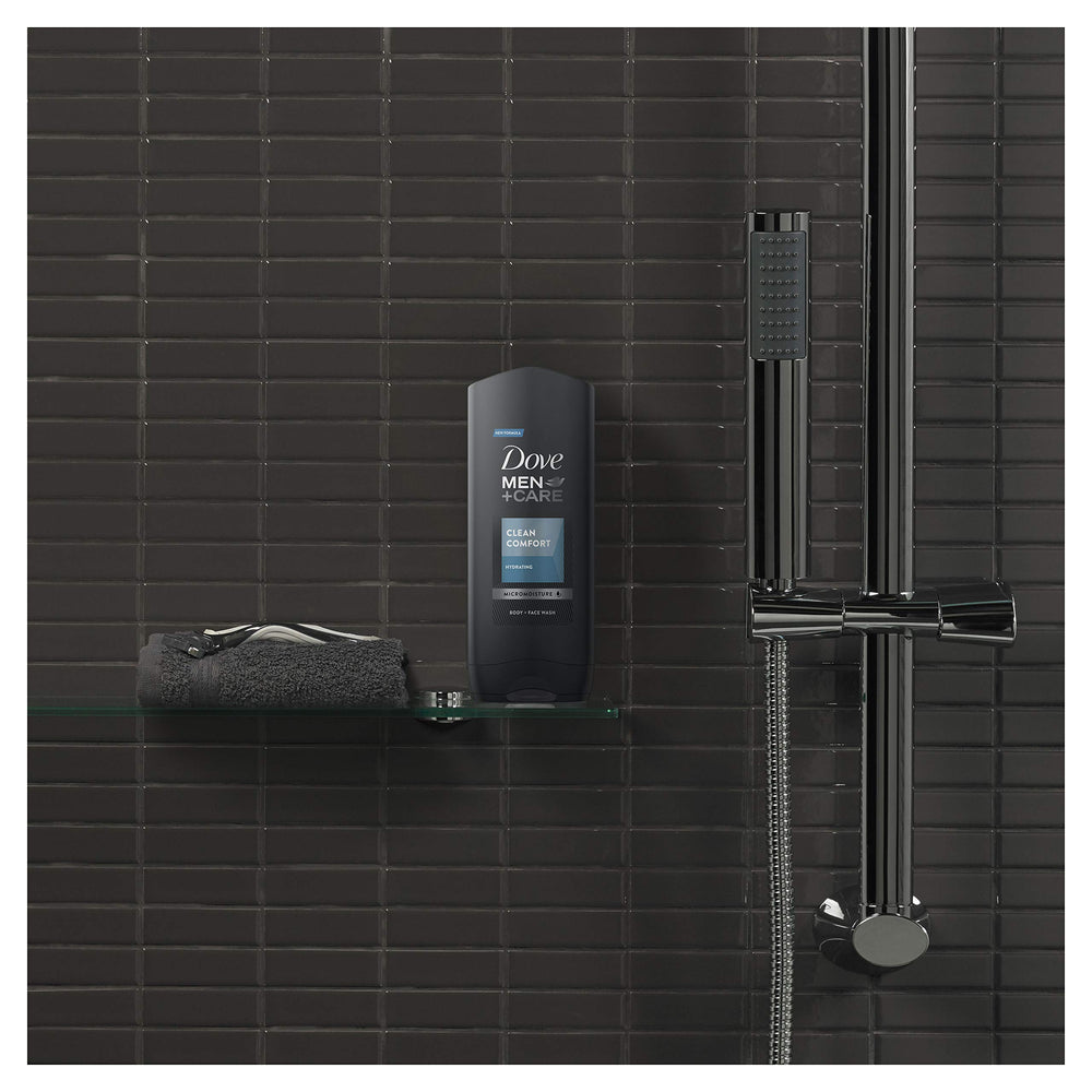 Dove Men Clean Comfort gel splash under running water demonstrating cleansing action.