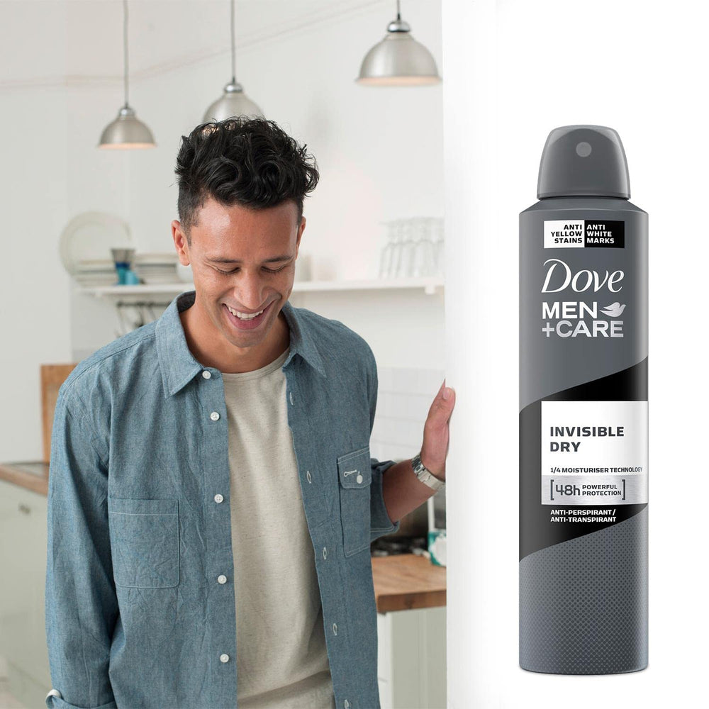 Dove Men+Care anti-irritation formula suggests gentle protection for sensitive skin.