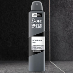 Dove Men+Care translucent anti-perspirant technology badge highlights invisible protection.