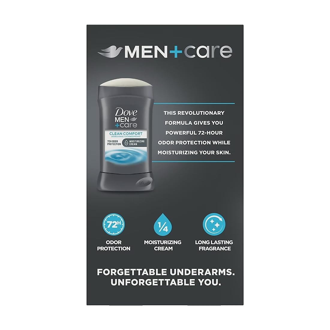 Dove Men+Care Clean Comfort deodorant stick close-up highlights moisturizing cream