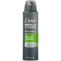 Dove Men+Care dry spray can shows quick-dry formula for comfortable wear.