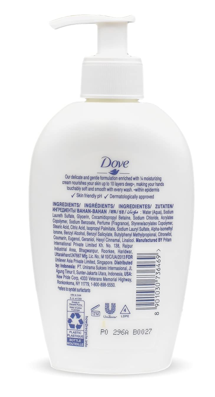 Dove Nourishing Hand Wash back label explains international version and scent options.