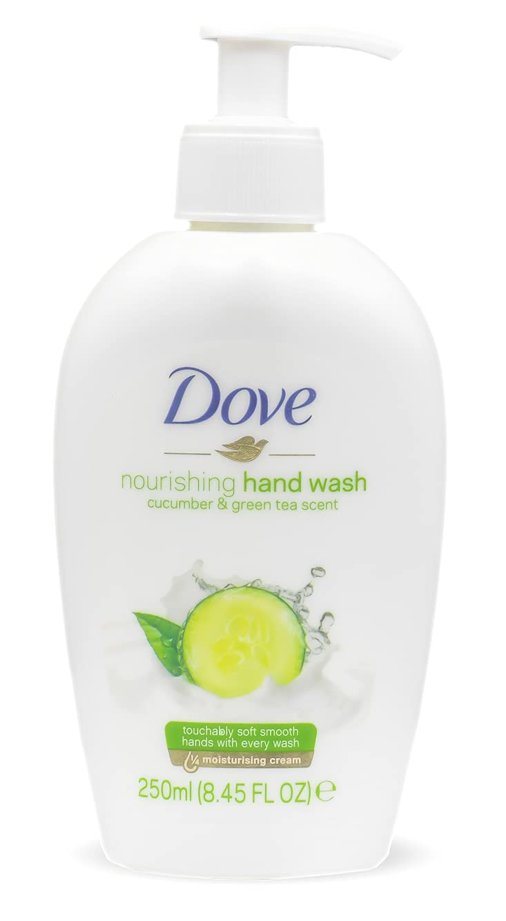 Dove Nourishing Hand Wash bottle front demonstrates everyday hand cleansing with care.