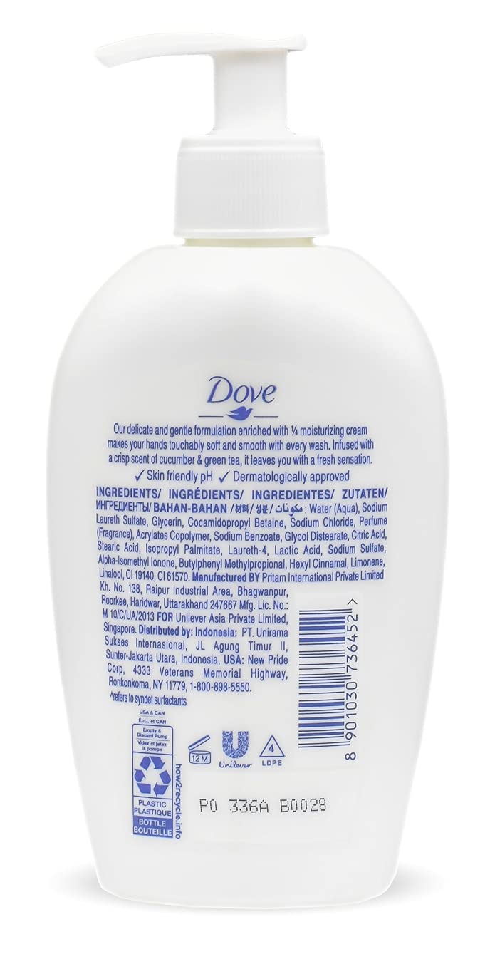 Dove Nourishing Hand Wash packaging international version on display for global markets.