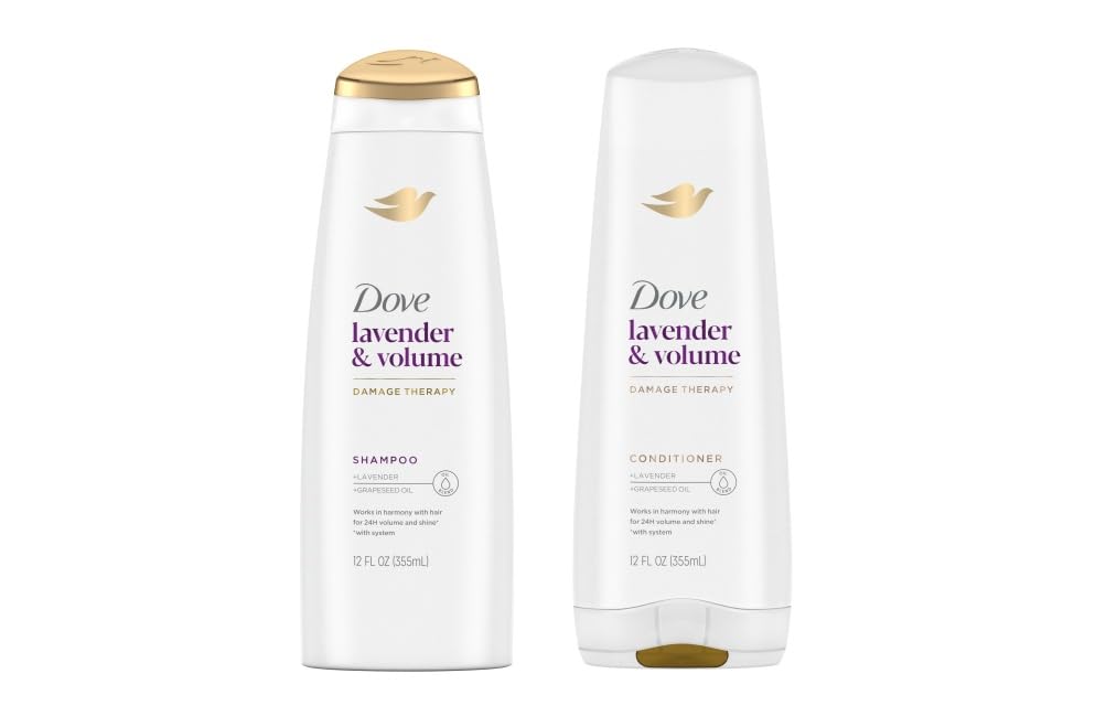 Dove Nourishing Rituals Thickening Shampoo bottle being poured for fuller-looking hair.