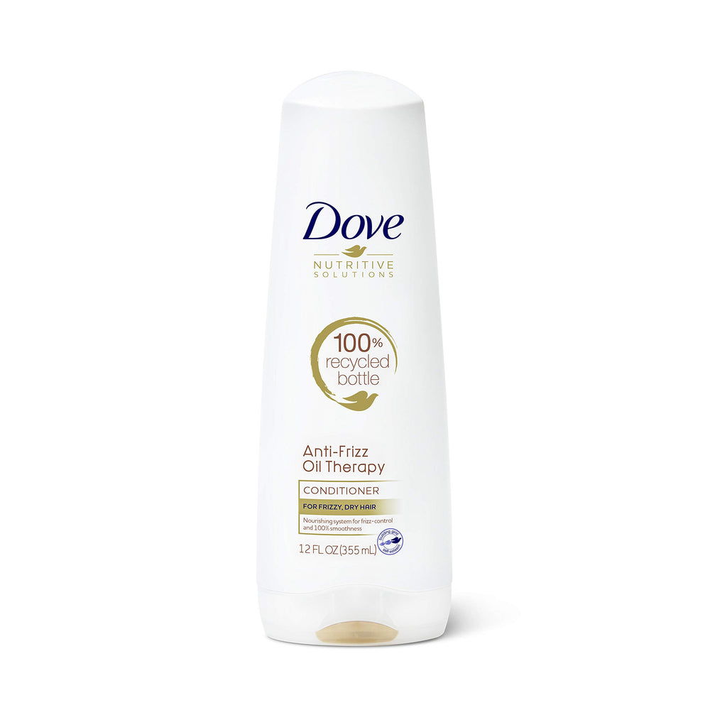 Dove Nutritive Solutions anti-frizz oil-therapy bottle showcases weightless moisture for smooth, manageable hair.