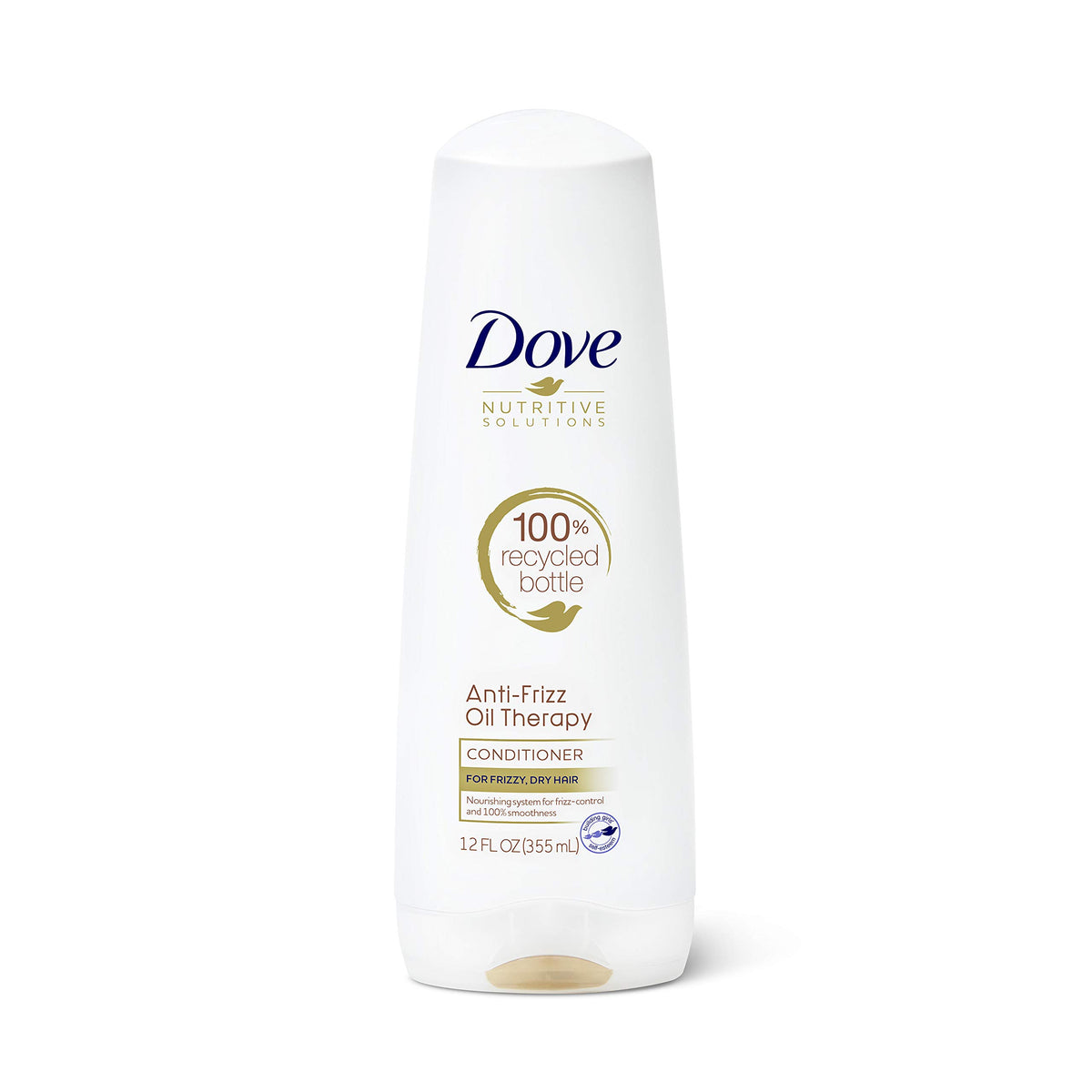 Dove Nutritive Solutions anti-frizz oil-therapy bottle showcases weightless moisture for smooth, manageable hair.