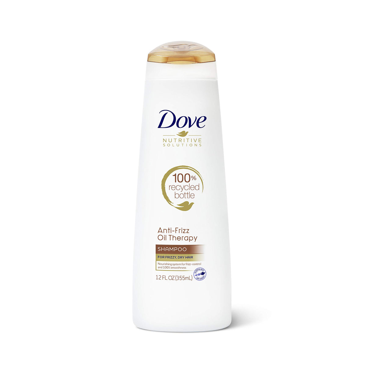 Dove Nutritive Solutions Anti-Frizz Shampoo bottle front shows frizz-control and nourishment