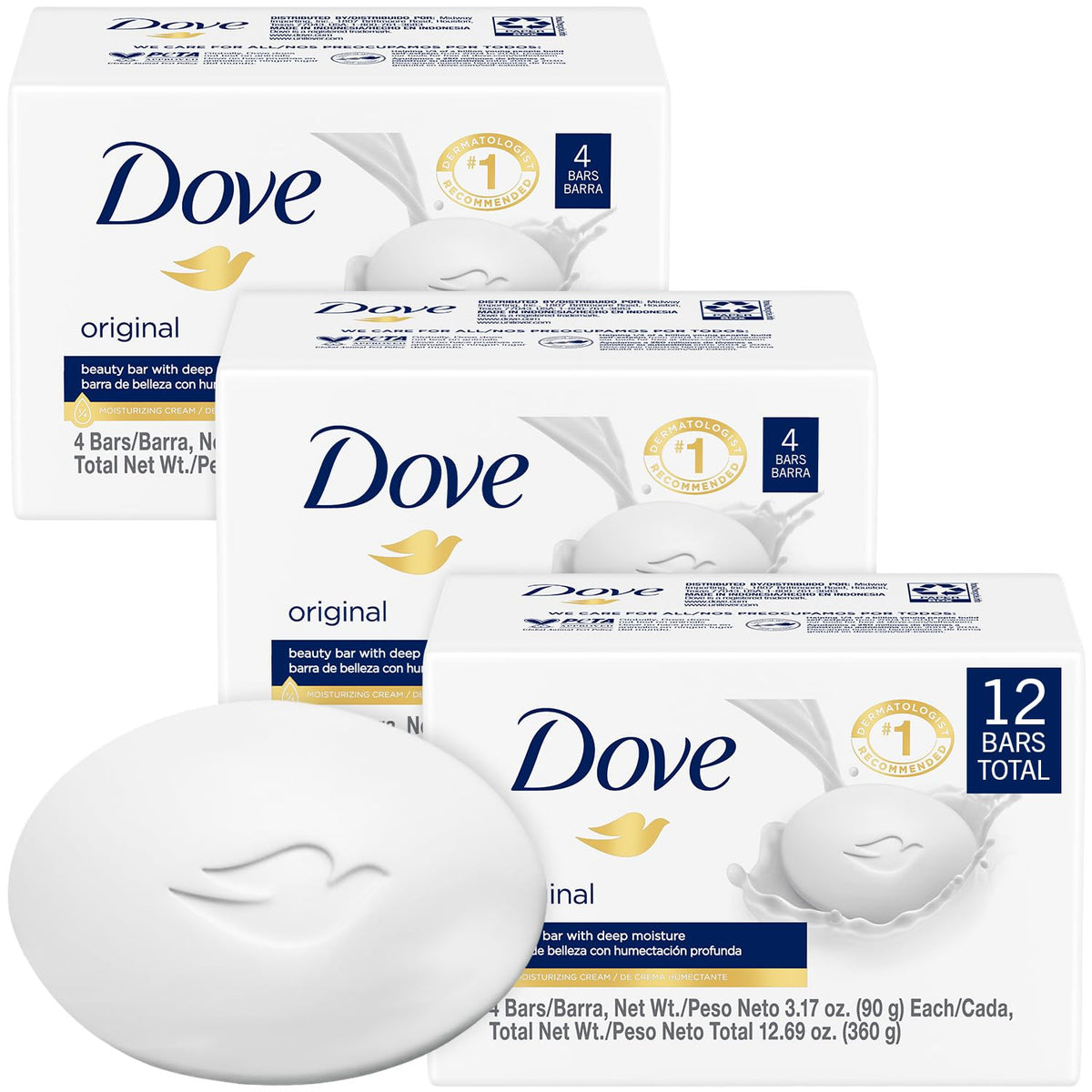 Dove Original Beauty Bar packaging shows 12 bars for versatile cleansing and value.