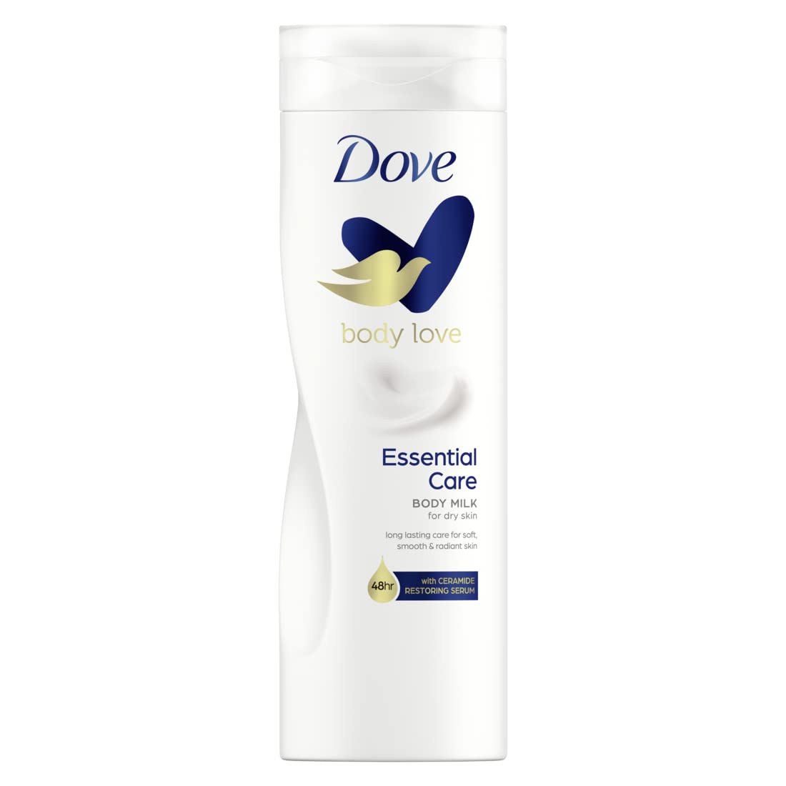 Dove Original Nourishing Body Milk bottle top view highlights rich hydration