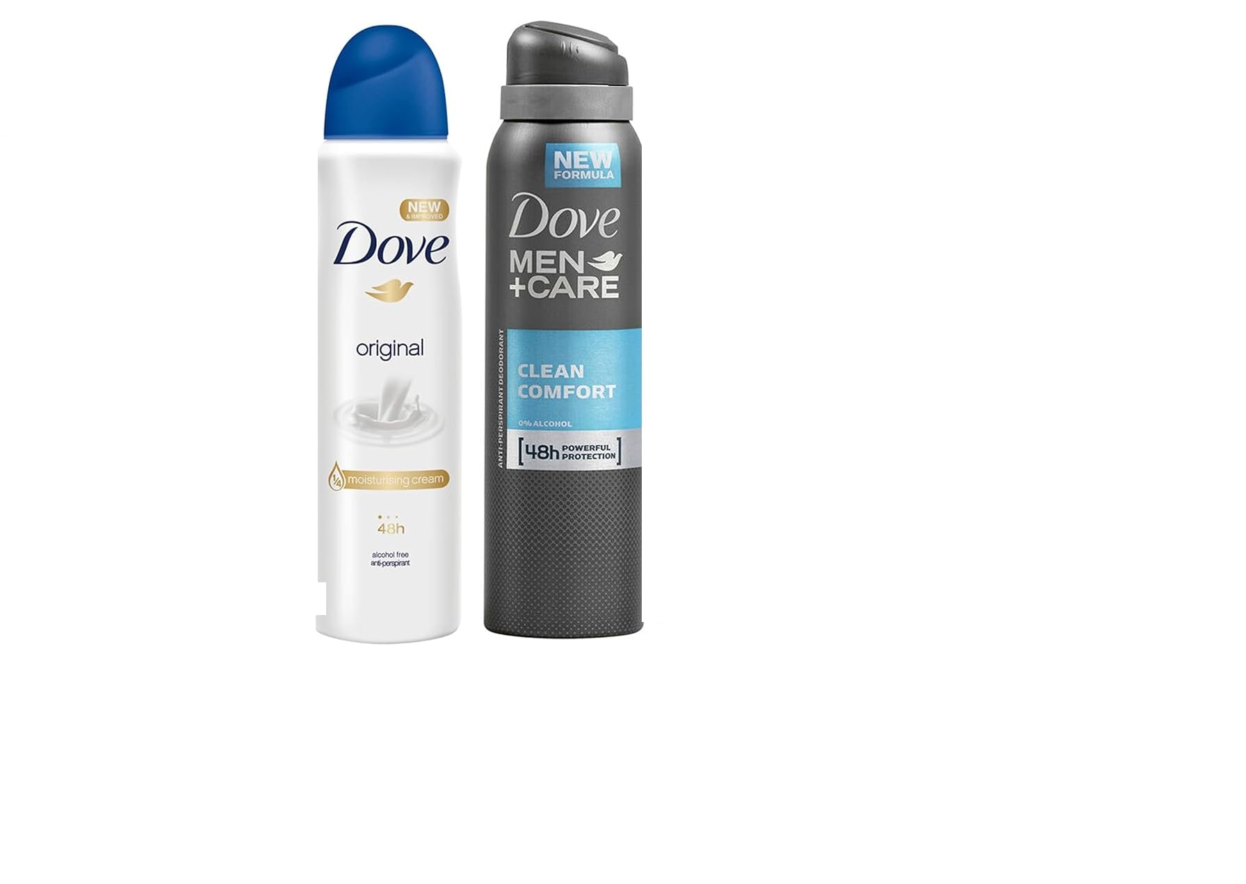 Dove pack of 6 deodorant bottles showing Original and Men+Care variants with long-lasting protection.