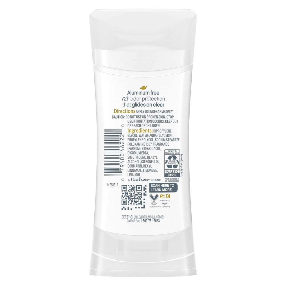 Dove packaged deodorant stick demonstrates compact size for purse or desk-drawer refresh.