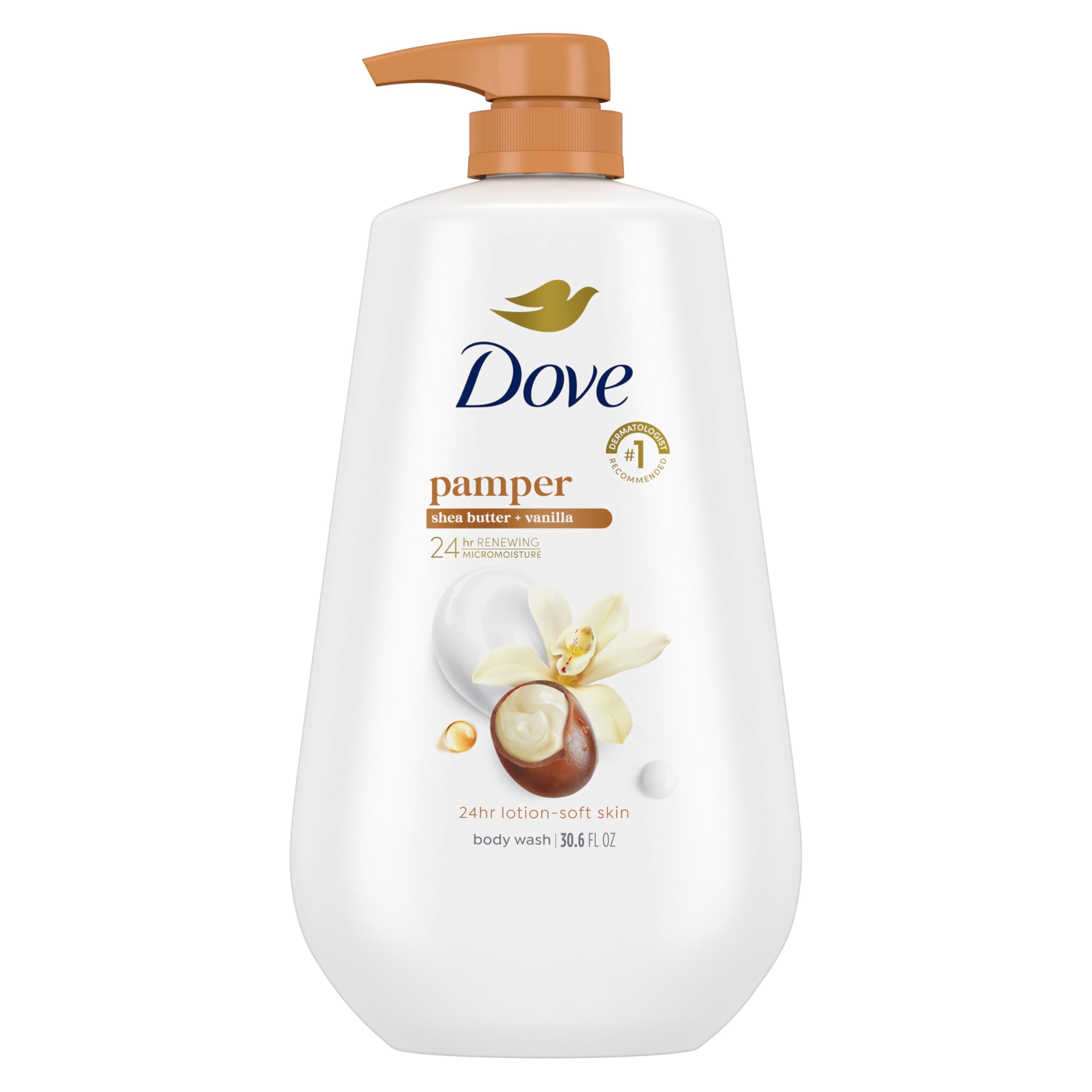 Dove Pamper Shea Butter & Vanilla bottle pump for moisturized skin.