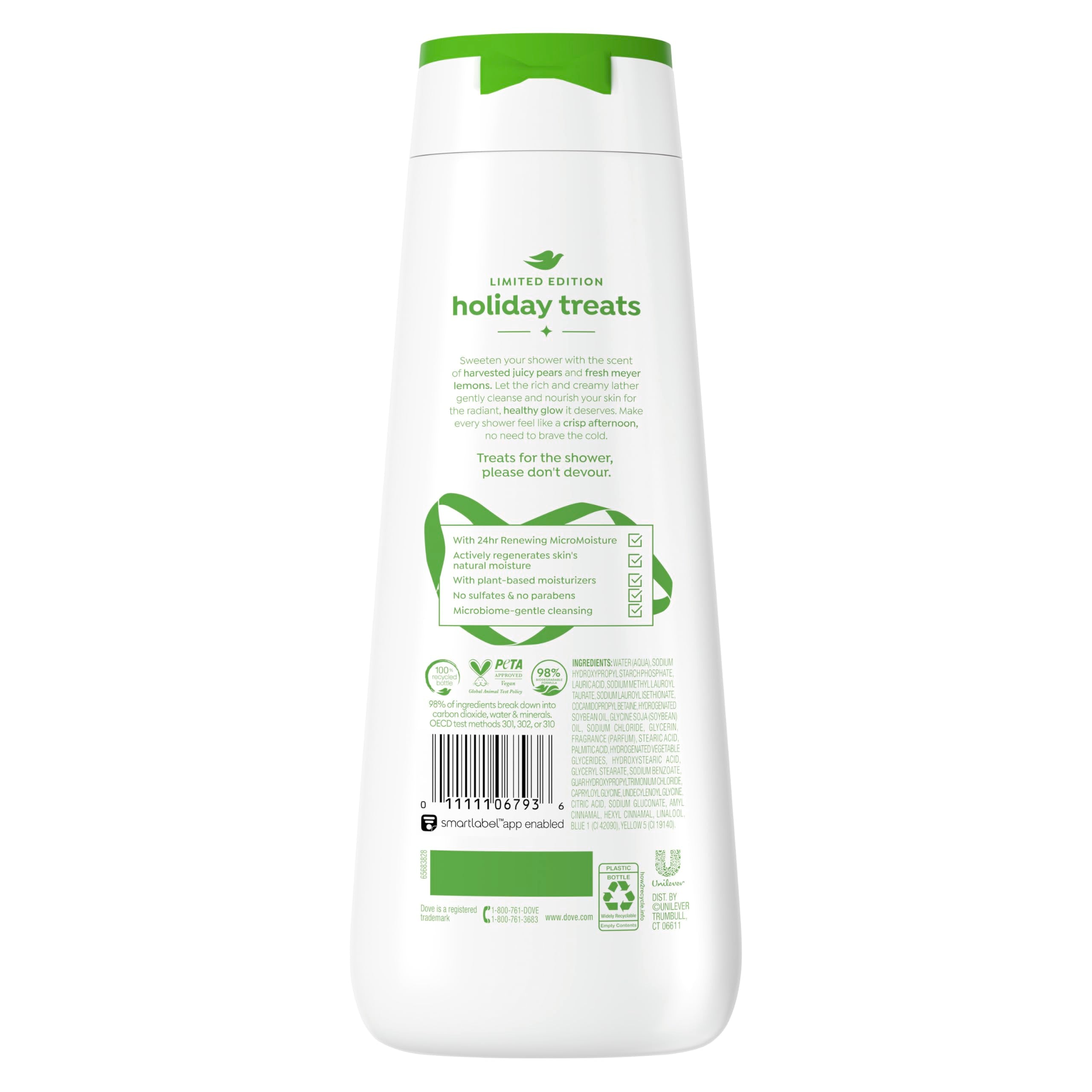 Dove pear harvest back label with ingredients list and usage information