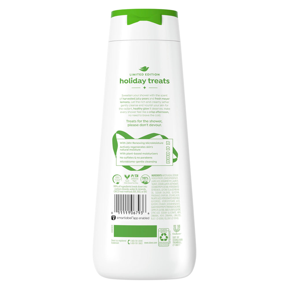 Dove pear harvest back label with ingredients list and usage information