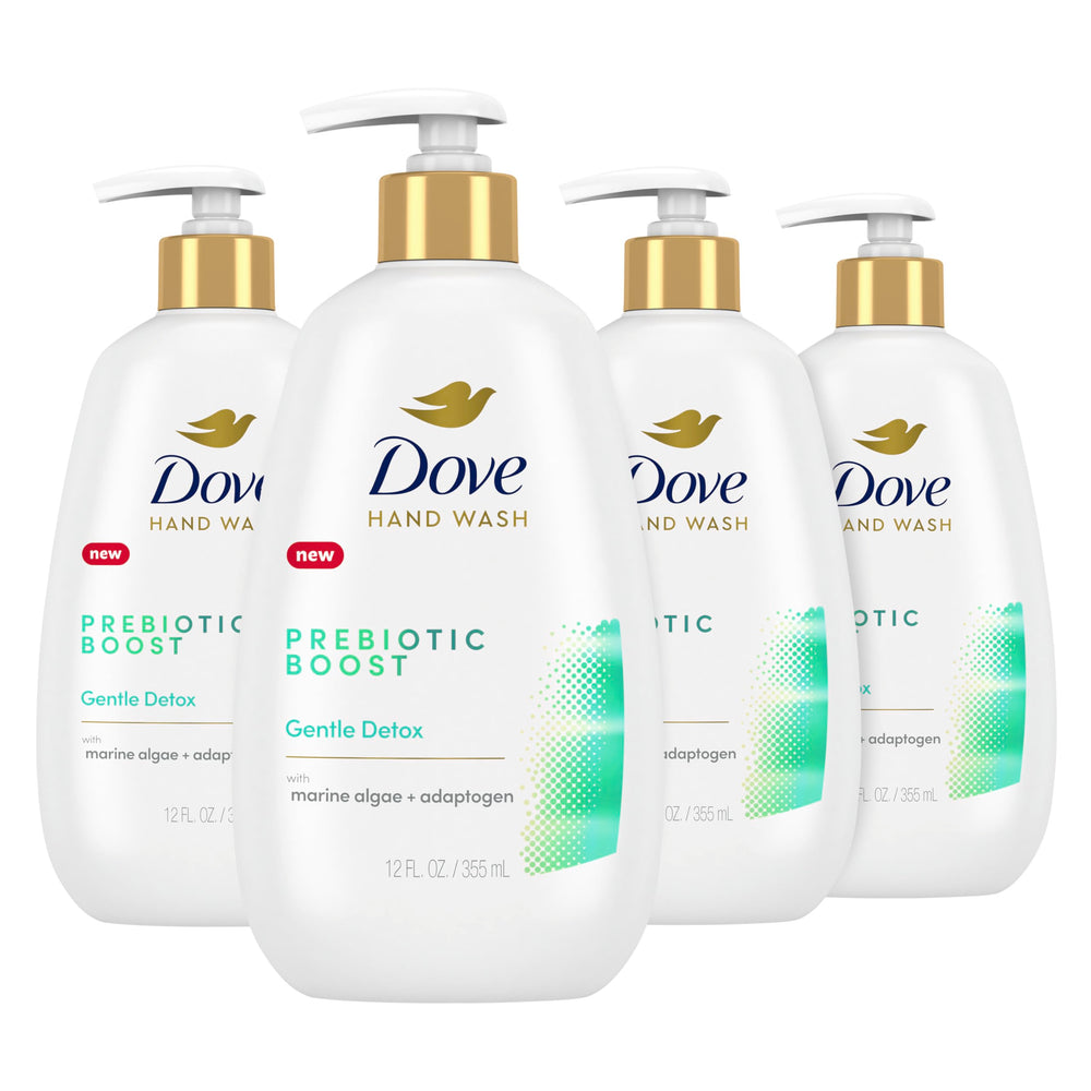 Dove Prebiotic Boost Hand Wash pump bottle promotes lasting softness after use