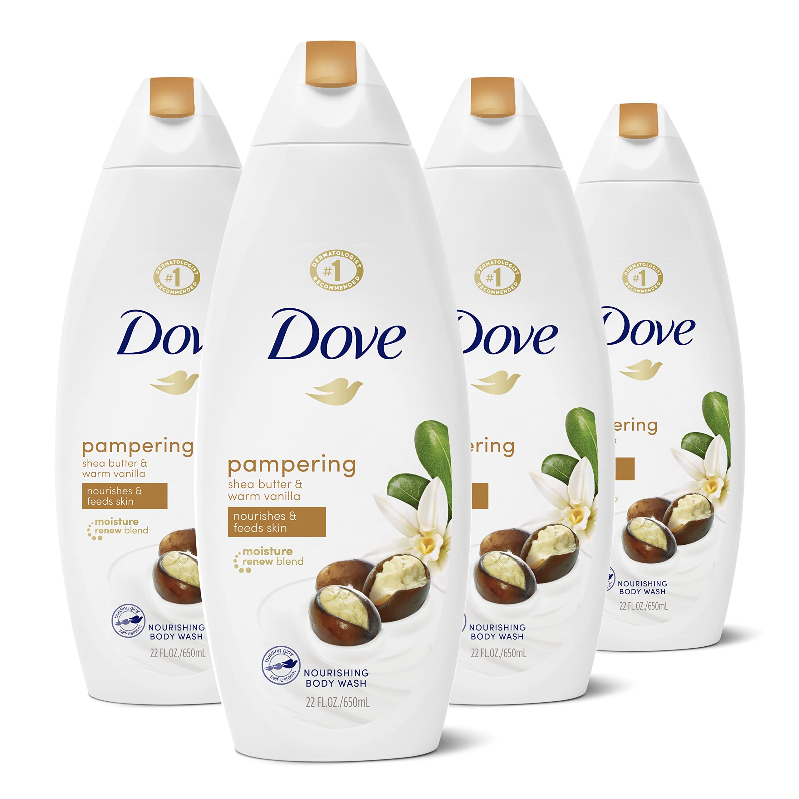 Dove Purely Pampering body wash bottle highlighting shea butter and warm vanilla for nourishing cleanse.